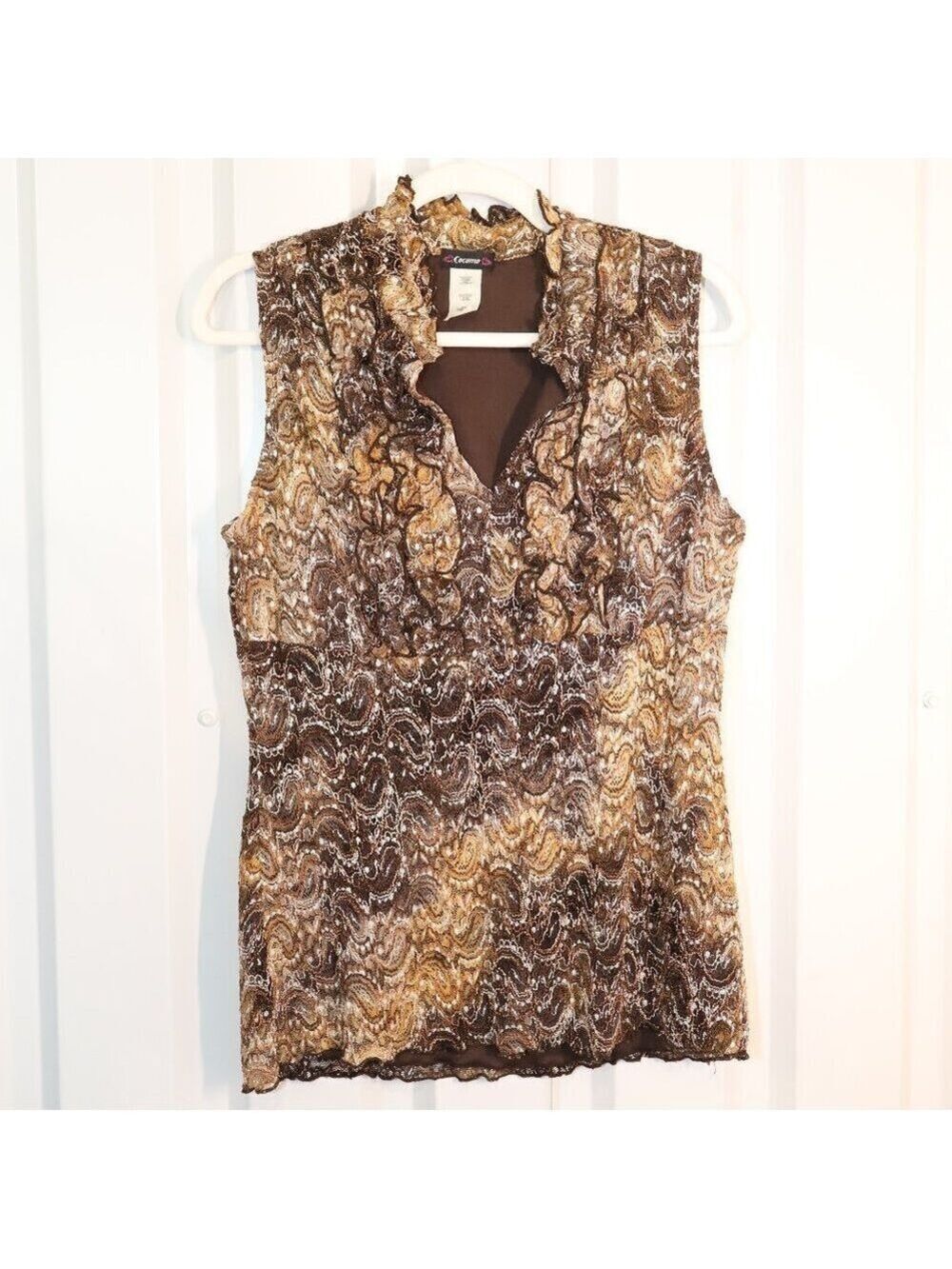 Cocomo Vintage Women's Brown Stretch Lace Babydoll Ruffle Front Top Size Lg Y2K